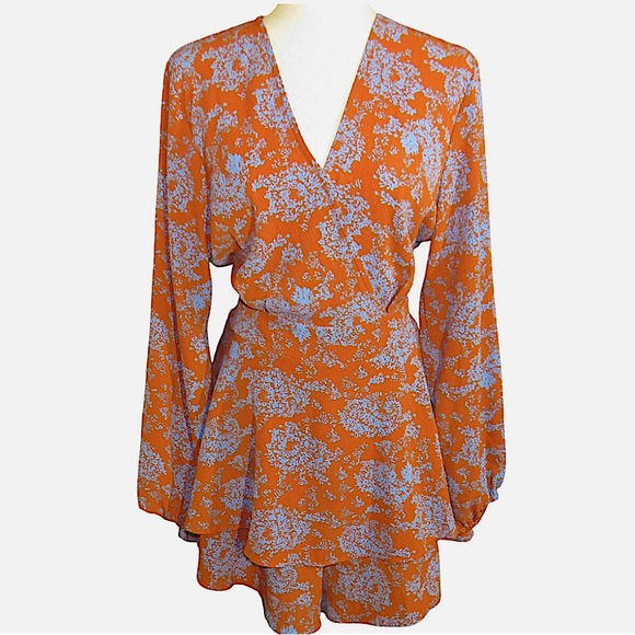 Rust W/ Blue Floral Print Long Sleeve Romper NWOT - Picture 1 of 12